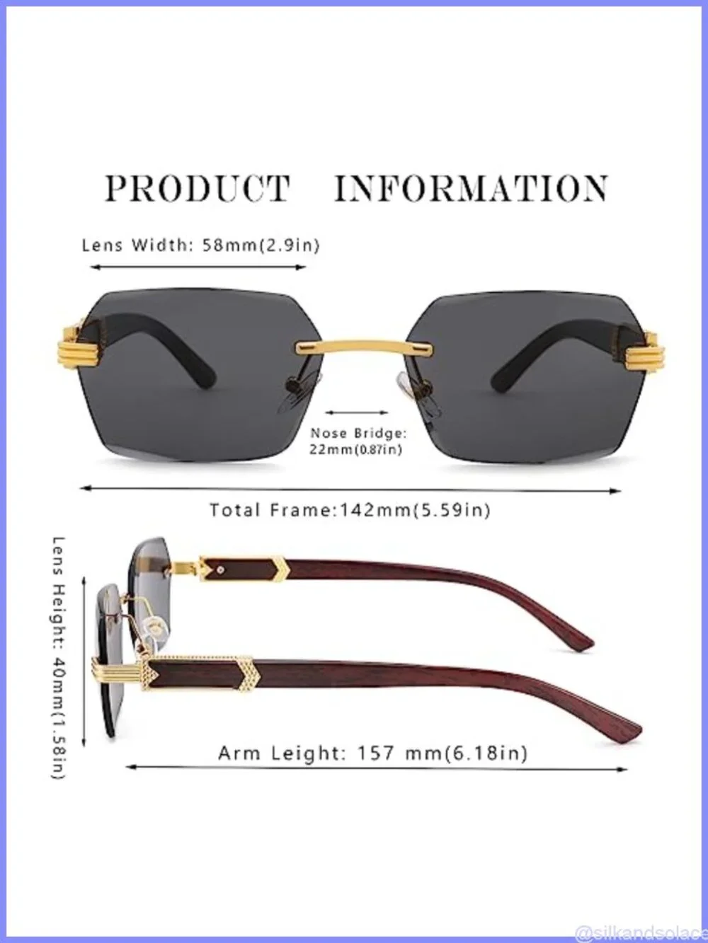Rimless Rectangle Sunglasses Retro Y2K Square UV400 with Imitation Wood Temples